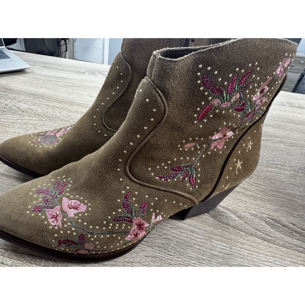 Gianni Bini Boots Women 8.5Ankle Zip Floral Embroidery Tan Suede Western SB18